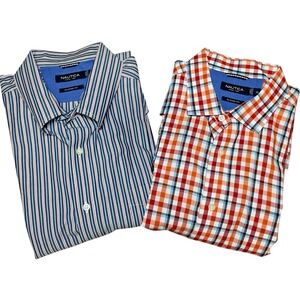 Nautica 100% Cotton Short Sleeve Button Up Mens Shirts Lot of 2 Plaid Stripes XL